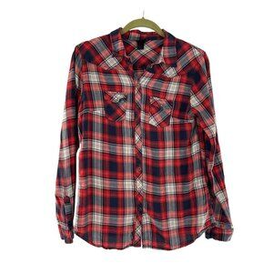 H&M Womens Red Navy Plaid‎ Button-Up Long Sleeve Shirt Western 8 Cowboy Blouse